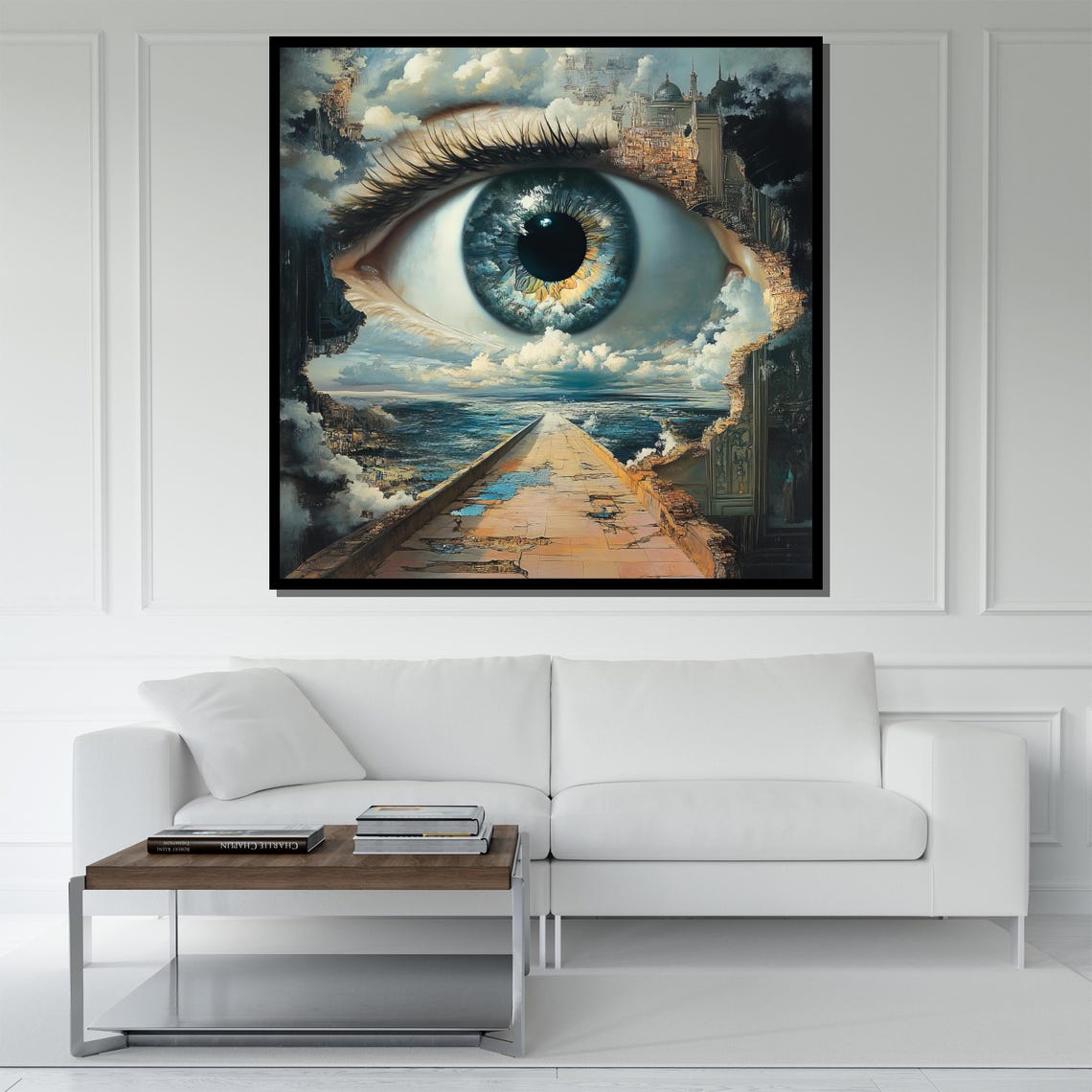 Giant Eye Watching Over Ocean And Cloud Cities Surreal Poster - Image 5
