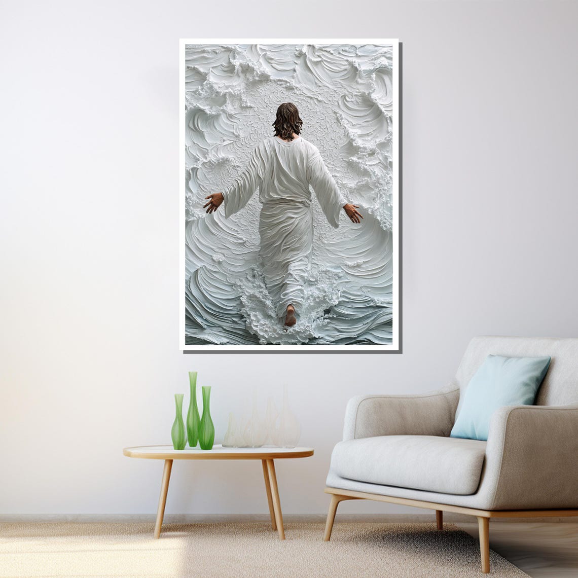 Jesus Walking On Textured White Ocean Waves Religious Poster - Image 3