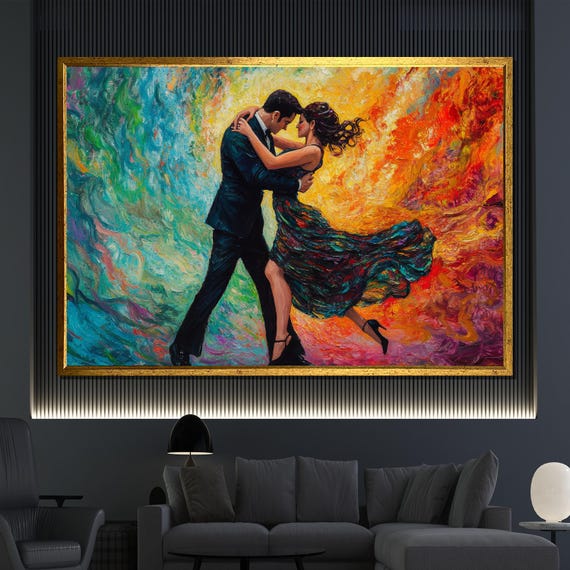 Colorful Dancing Couple Painting Vibrant Romantic Wall Art Textured Oil Painting For Living Room Decor Gift For Couples