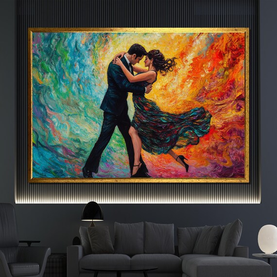 Colorful Impasto Dancing Couple Embrace Fiery Textured Oil Painting Poster