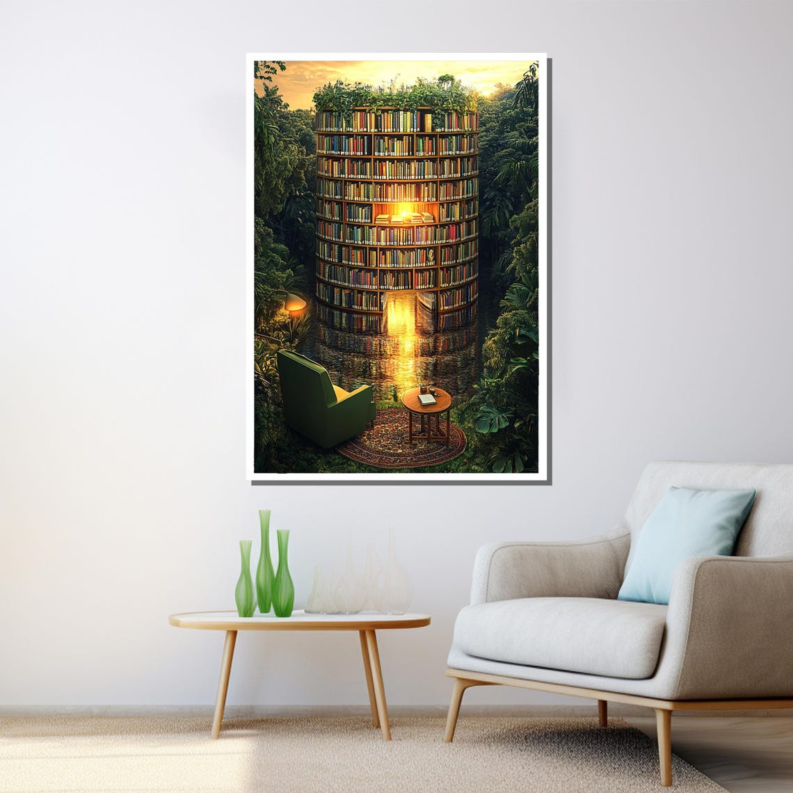 Surrealist Circular Library Tower In A Jungle Reading Nook Poster - Image 3