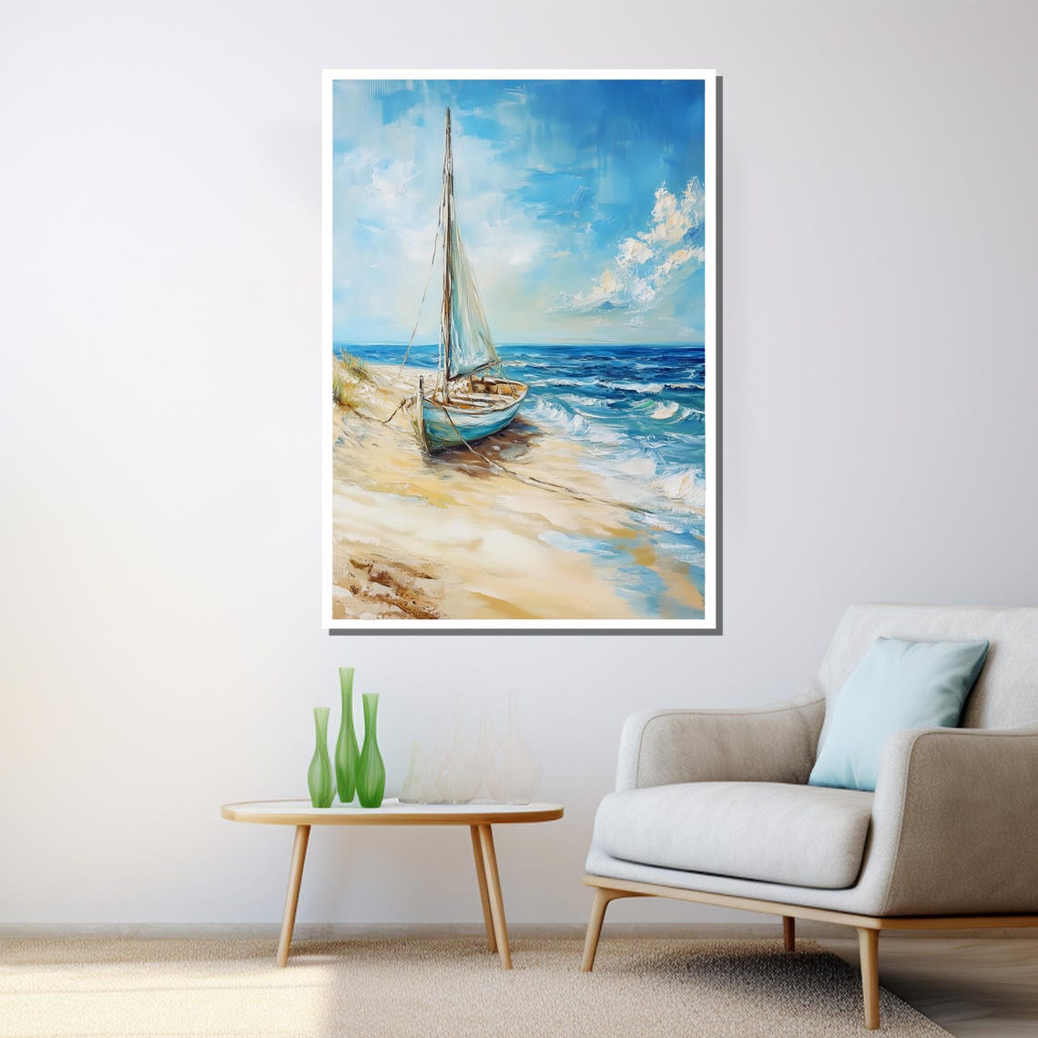 Beached Sailboat Sandy Shore Blue Waves Sunny Coastal Poster - Image 3