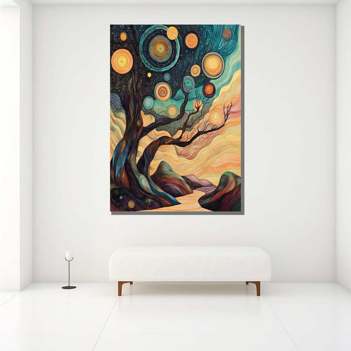 Starry Night Twisted Tree With Swirling Glowing Orbs Art Poster - Image 2