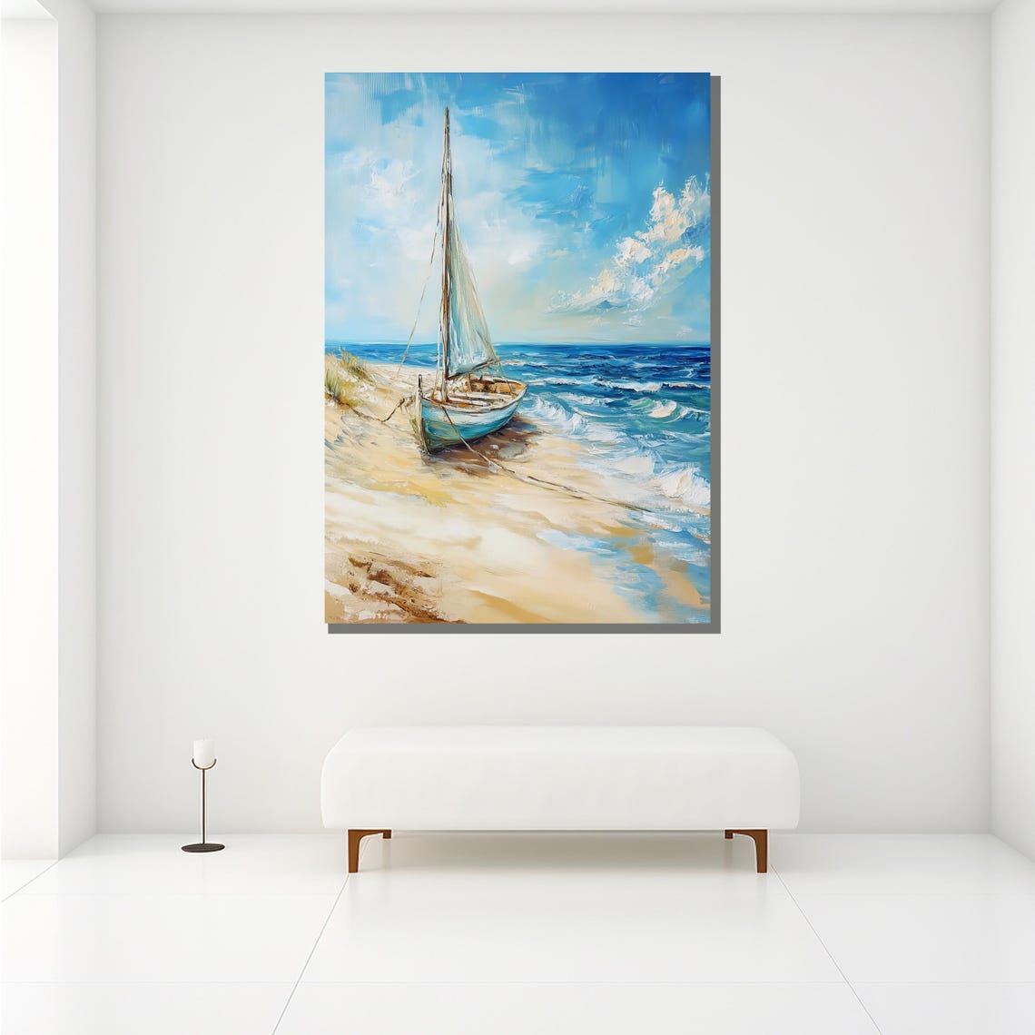 Beached Sailboat Sandy Shore Blue Waves Sunny Coastal Poster - Image 2