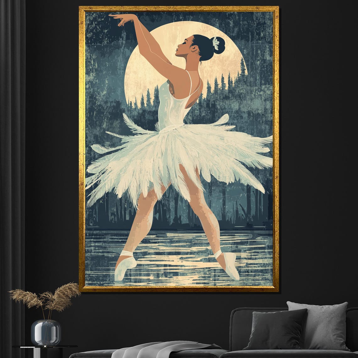 Moonlit Ballerina With Feather Tutu By The Lake Vintage Art Poster