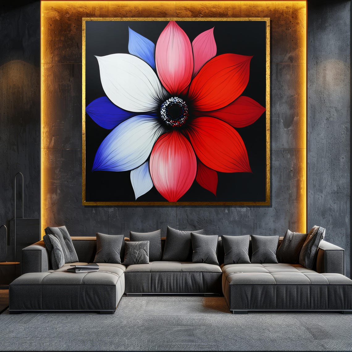 Bold Modern Red White And Blue Flower On Black Background Art Poster