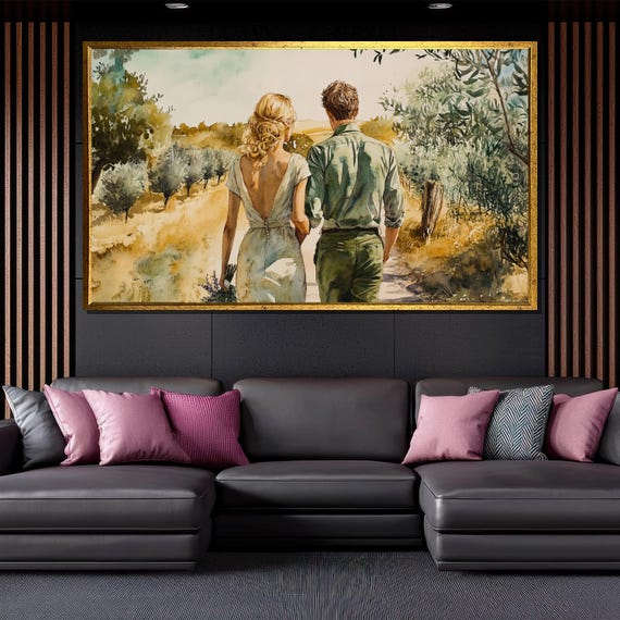 Romantic Couple Walking Painting Rustic Countryside Wall Art Gift For Bedroom Or Living Room Decor