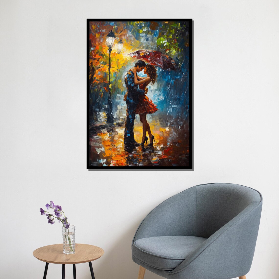 Romantic Couple Kissing Under Umbrella Rain Streetlamp Painting Poster - Image 5