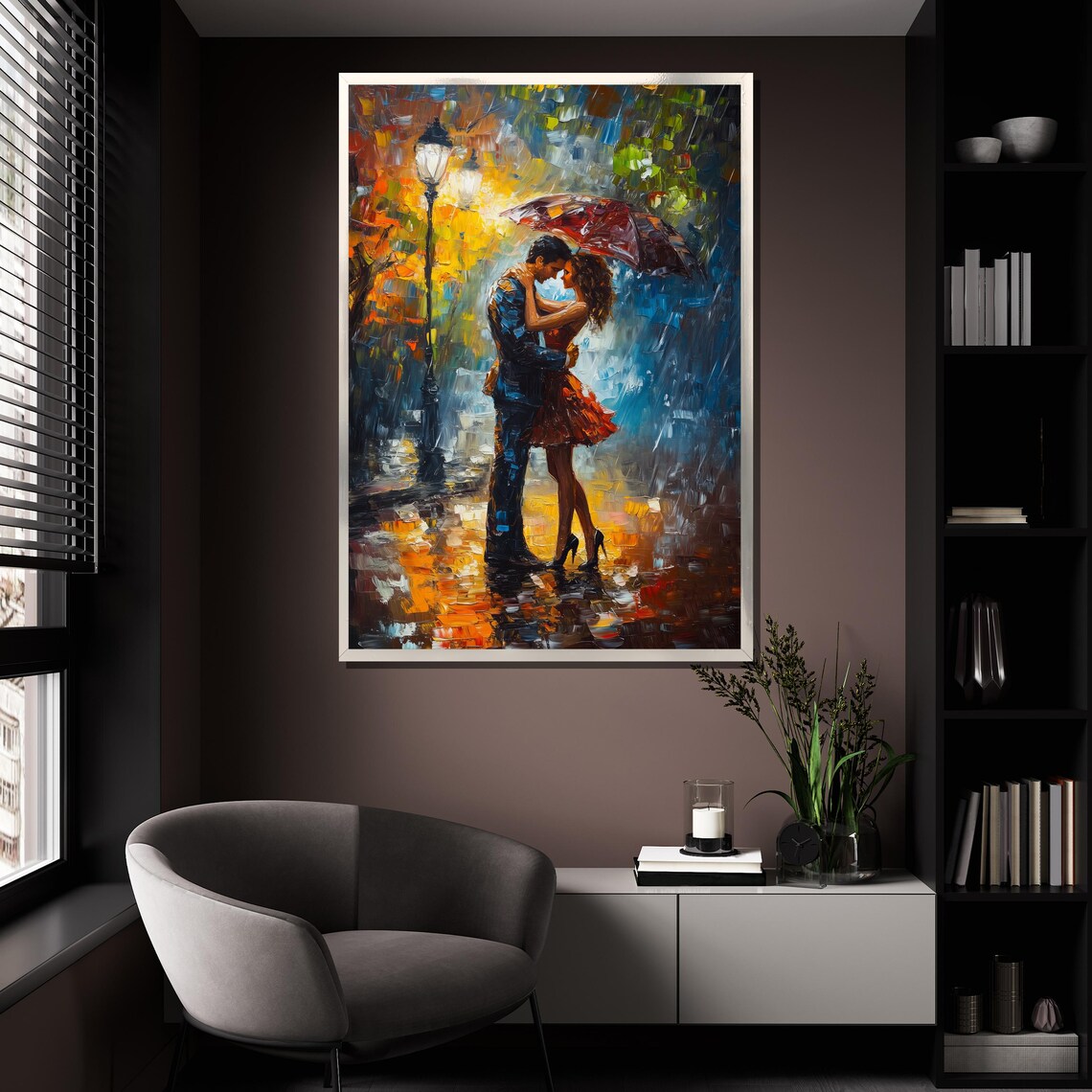 Romantic Couple Kissing Under Umbrella Rain Streetlamp Painting Poster - Image 4