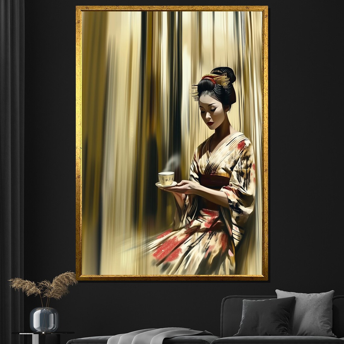 Elegant Geisha Tea Ceremony Gold Red Kimono Japanese Art Poster