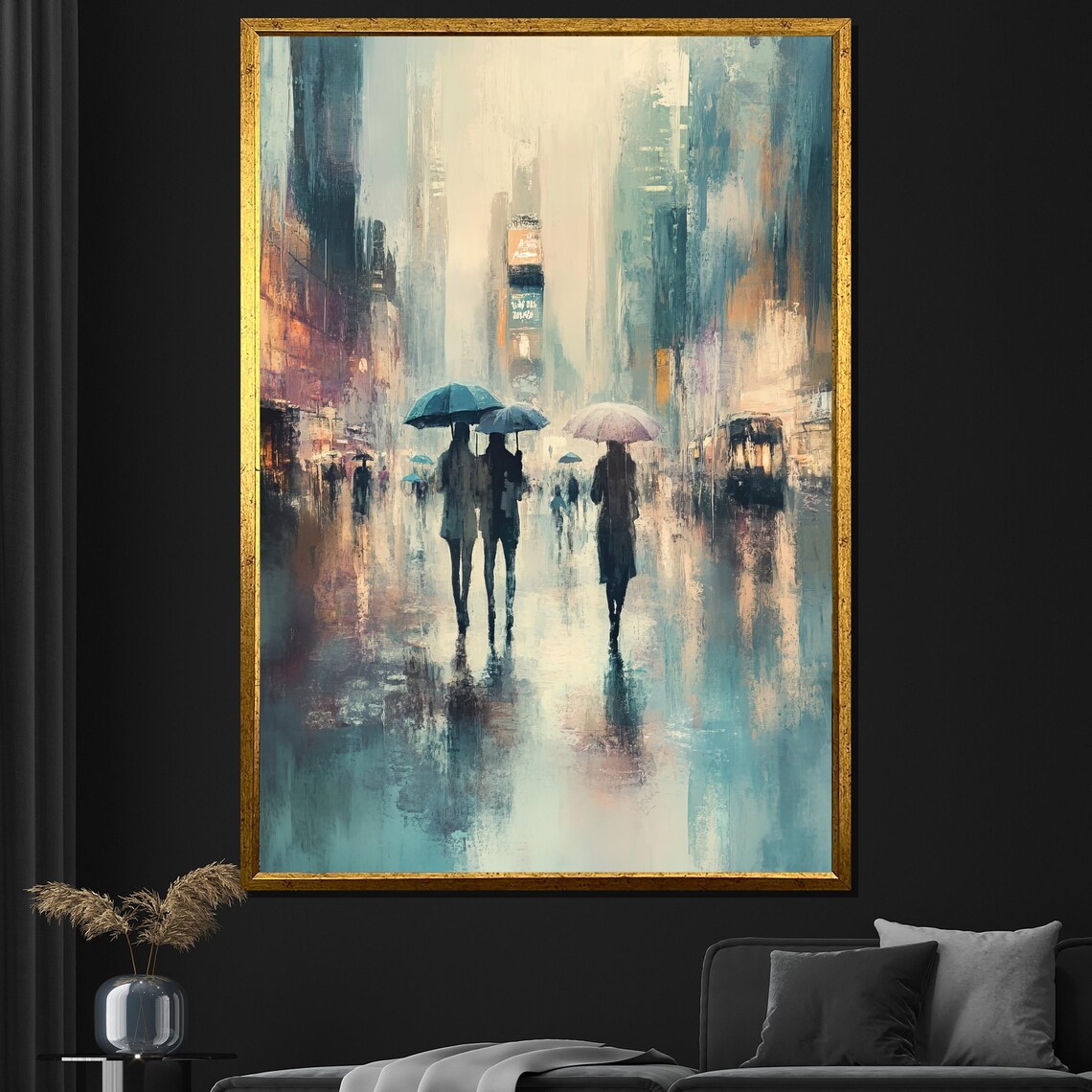 Rainy City Street With Umbrellas Soft Impressionist Urban Art Poster