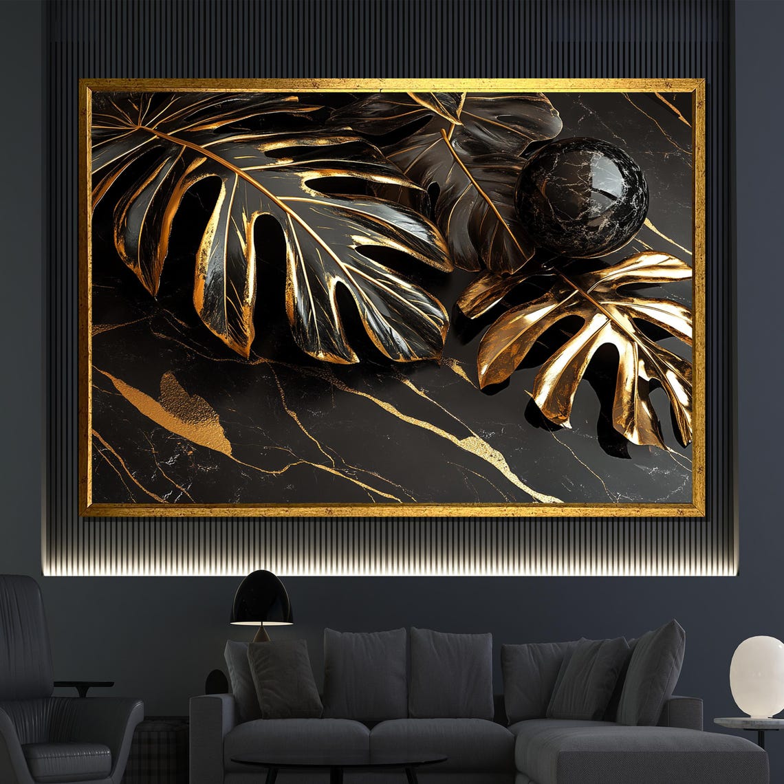 Black And Gold Monstera Leaves On Marble Luxury Abstract Art Poster