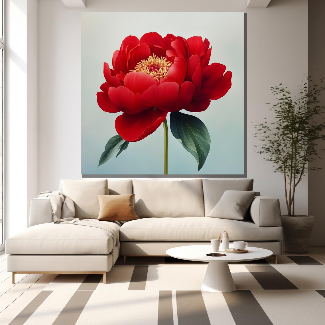 Large Red Peony Flower On Pale Background Botanical Wall Art Poster - Image 2