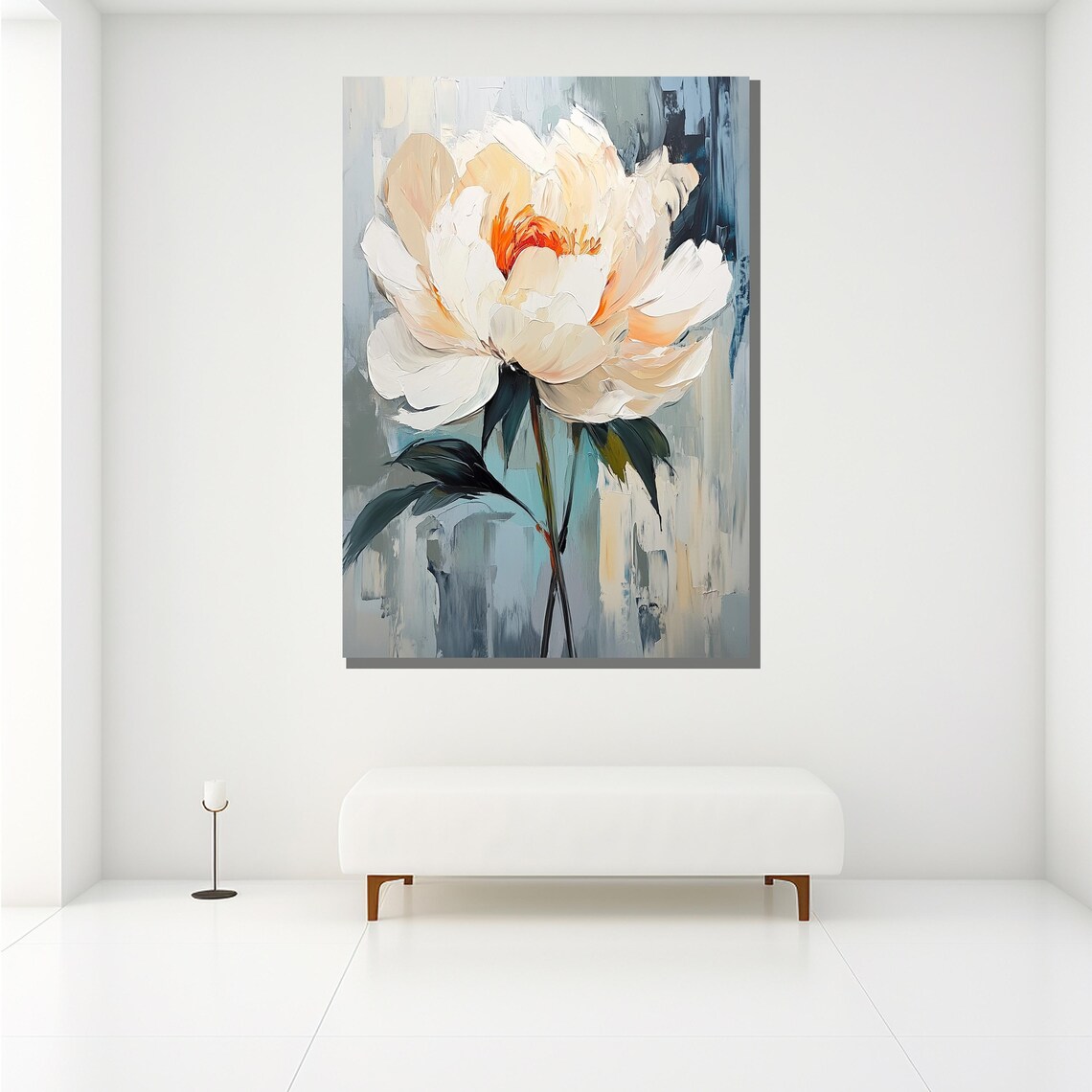 Textured White Peony Painting Blue Gray Abstract Background Art Poster - Image 2