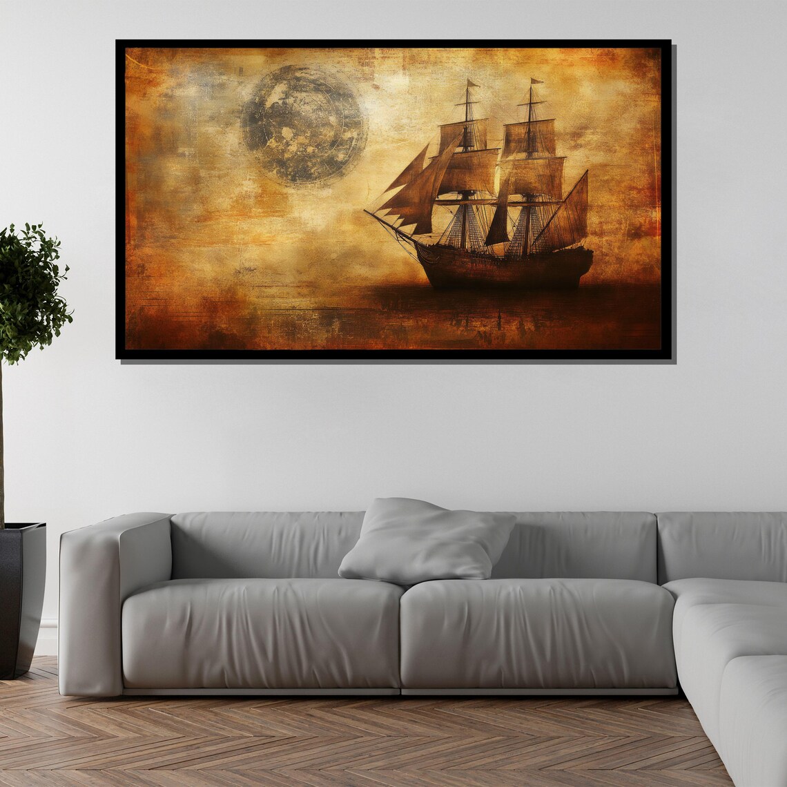 Vintage Ship Painting Nautical Wall Art With Full Moon For Living Room Decor Rustic Maritime Gift - Image 5