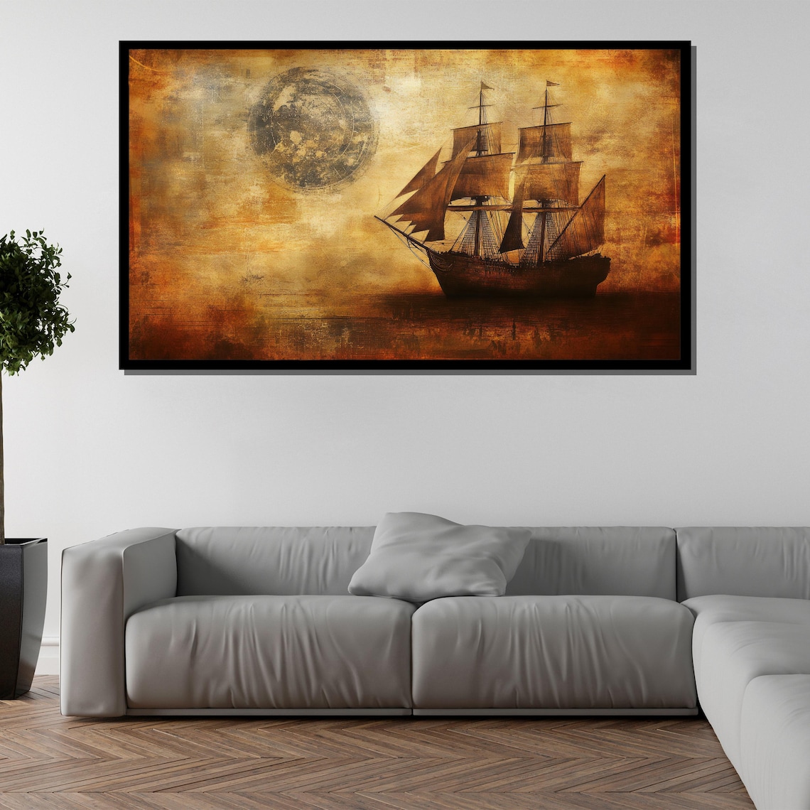 Vintage Tall Ship Full Moon Sepia Grunge Nautical Sailing Poster - Image 5