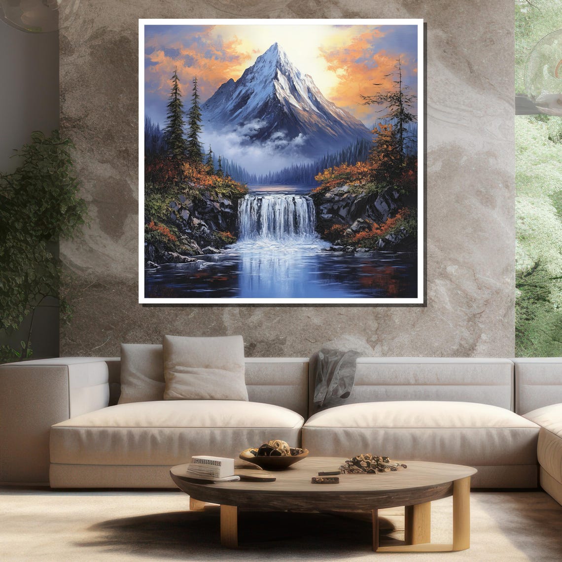 Snowy Mountain Peak Waterfall Autumn Forest Dramatic Landscape Poster - Image 3