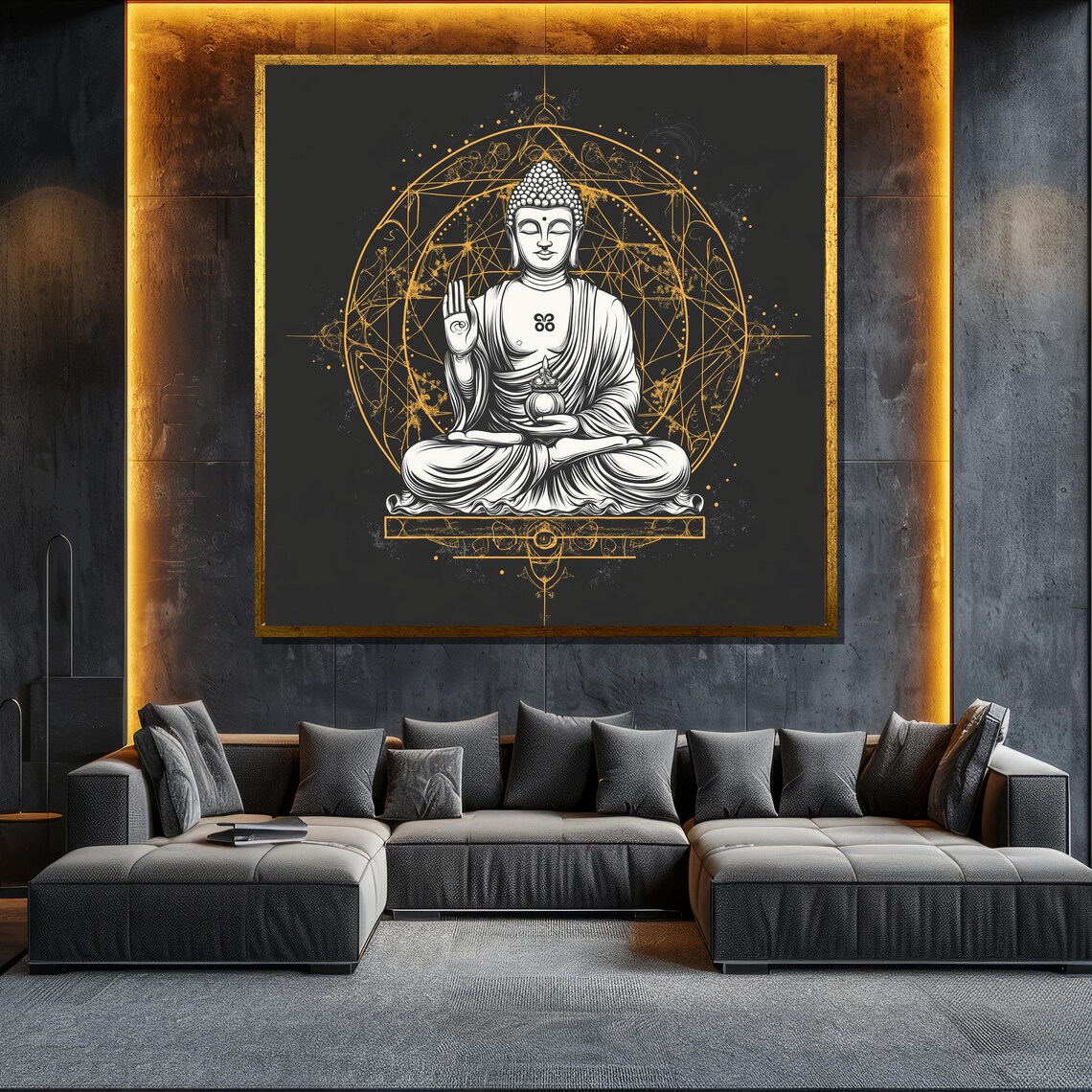 Buddha Blessing Geometric Gold Mandala Black Modern Spiritual Wall Poster