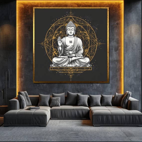 Geometric Buddha Painting Modern Spiritual Wall Art With Golden Accents For Meditation Room Decor