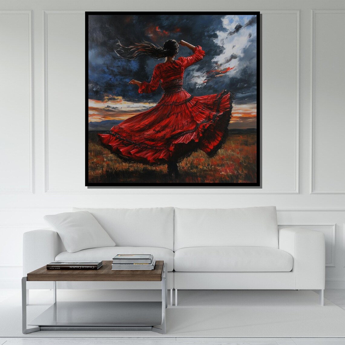 Flamenco Dancer In Red Dress Spinning At Sunset Field Painting Poster - Image 5