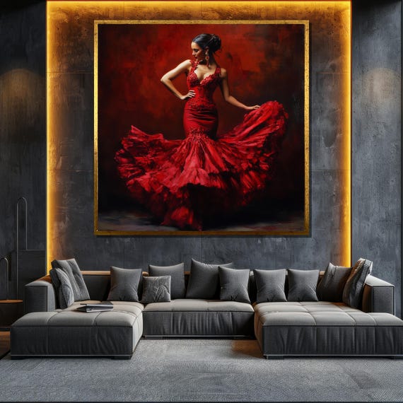 Flamenco Dancer In Red Painting Passionate Wall Art Textured Oil Painting For Living Room Decor Gift For Dance Lovers