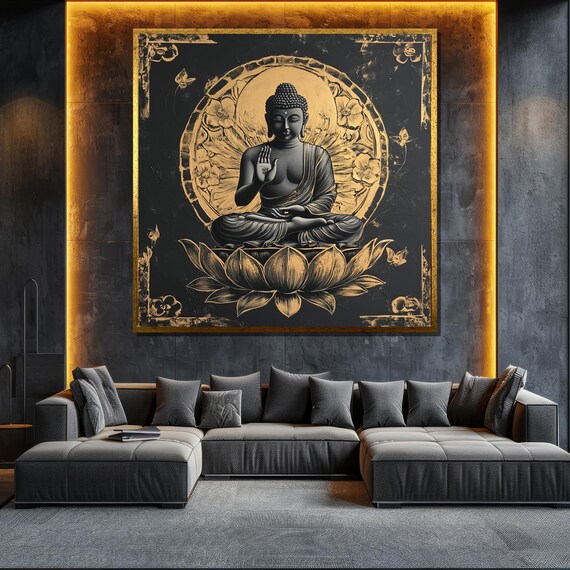 Luxury Black Gold Buddha Lotus Halo Ornate Spiritual Zen Meditation Poster
