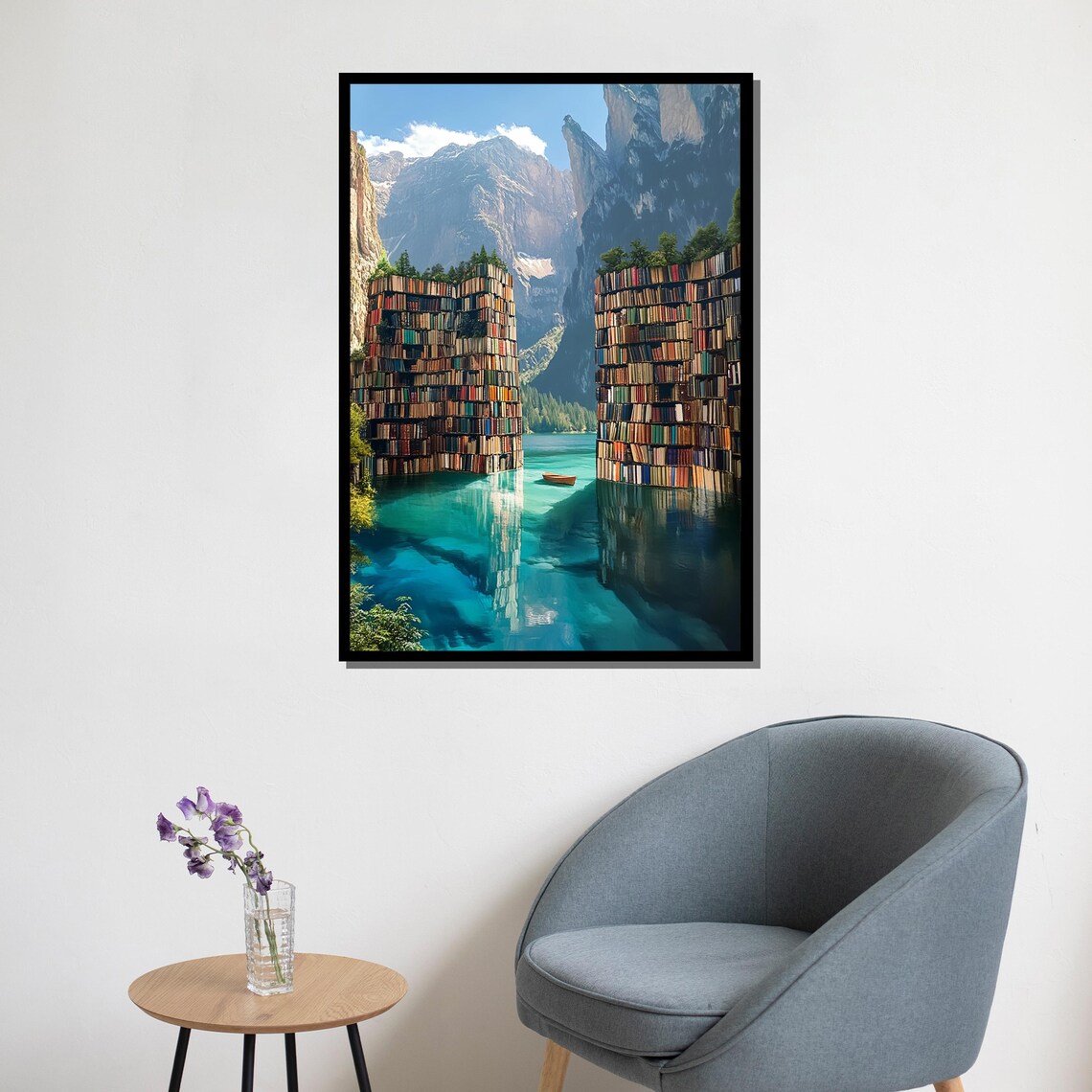 Book Towers As Cliffs Beside A Turquoise Lake Surreal Poster - Image 5