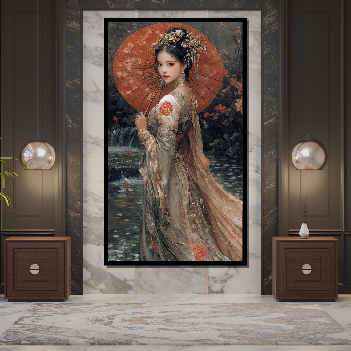 Elegant Chinese Woman With Red Parasol Riverside Garden Art Print - Image 5