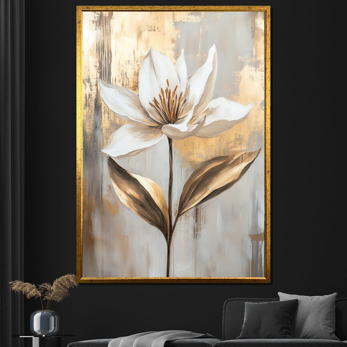 White Magnolia Flower With Bronze Leaves On Textured Gold Art Print