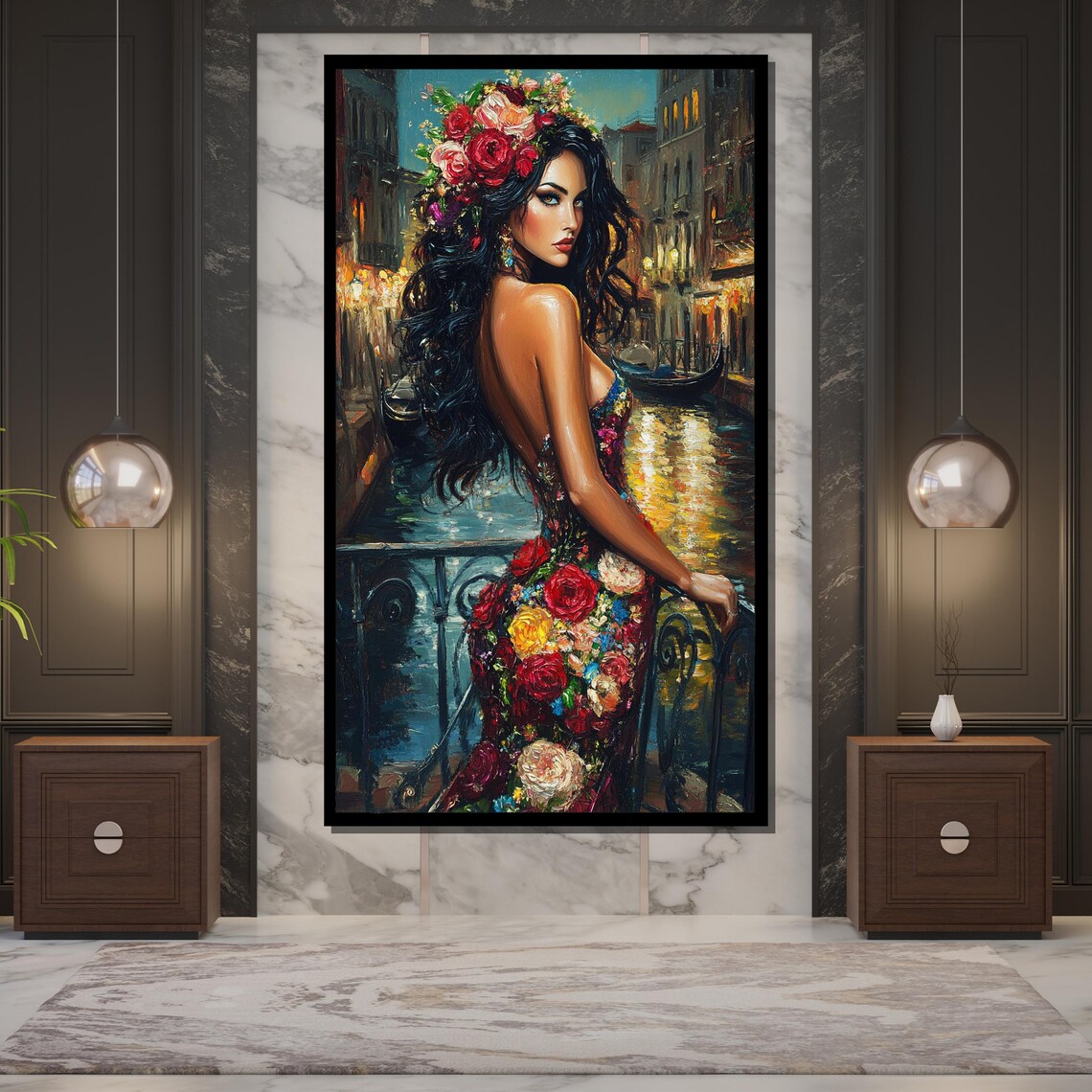 Elegant Woman Floral Dress Flower Crown Venice Canal Night Wall Poster - Image 5