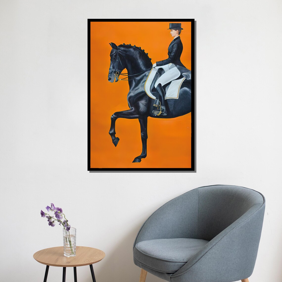 Elegant Equestrian Dressage Black Horse Rider Orange Wall Art Poster - Image 5
