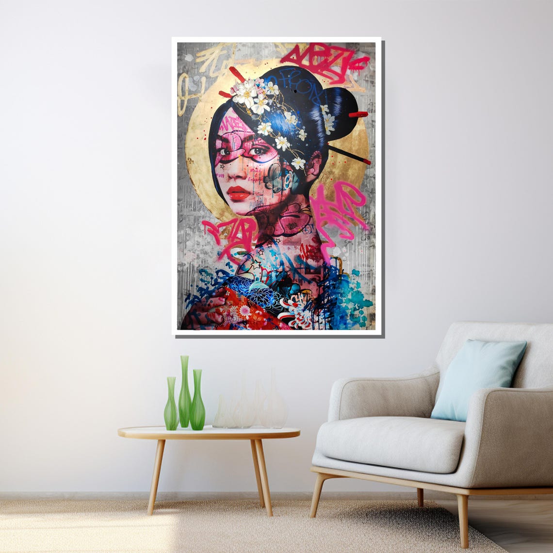 Graffiti Geisha Portrait With Cherry Blossoms Modern Art Wall Poster - Image 3