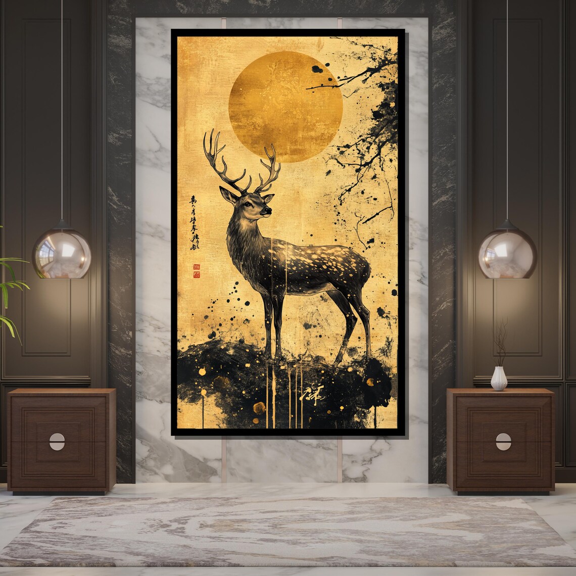 Japanese Ink Deer Golden Moon Sumi Style Elegant Wildlife Art Poster - Image 5