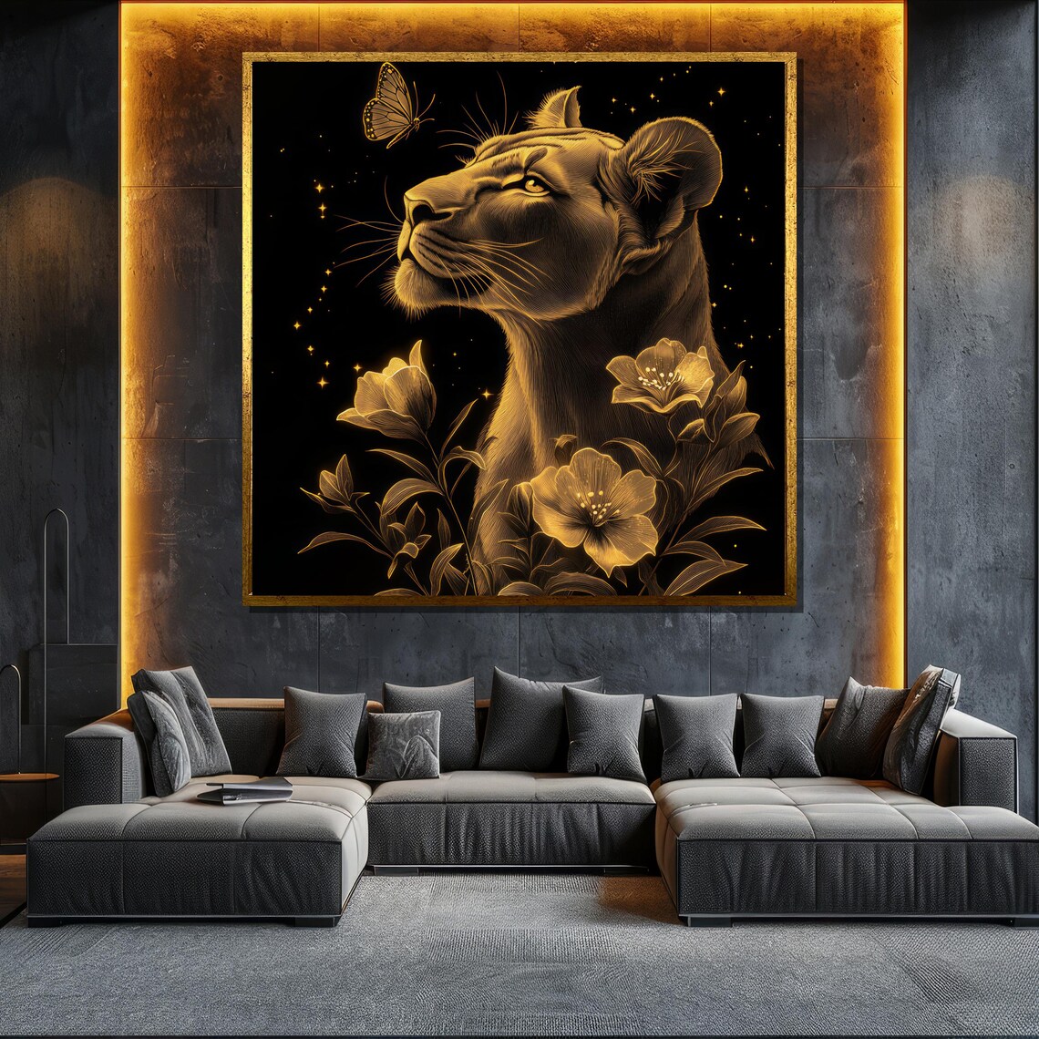Lioness Golden Floral Elegant Black Gold Wildlife Butterfly Wall Art