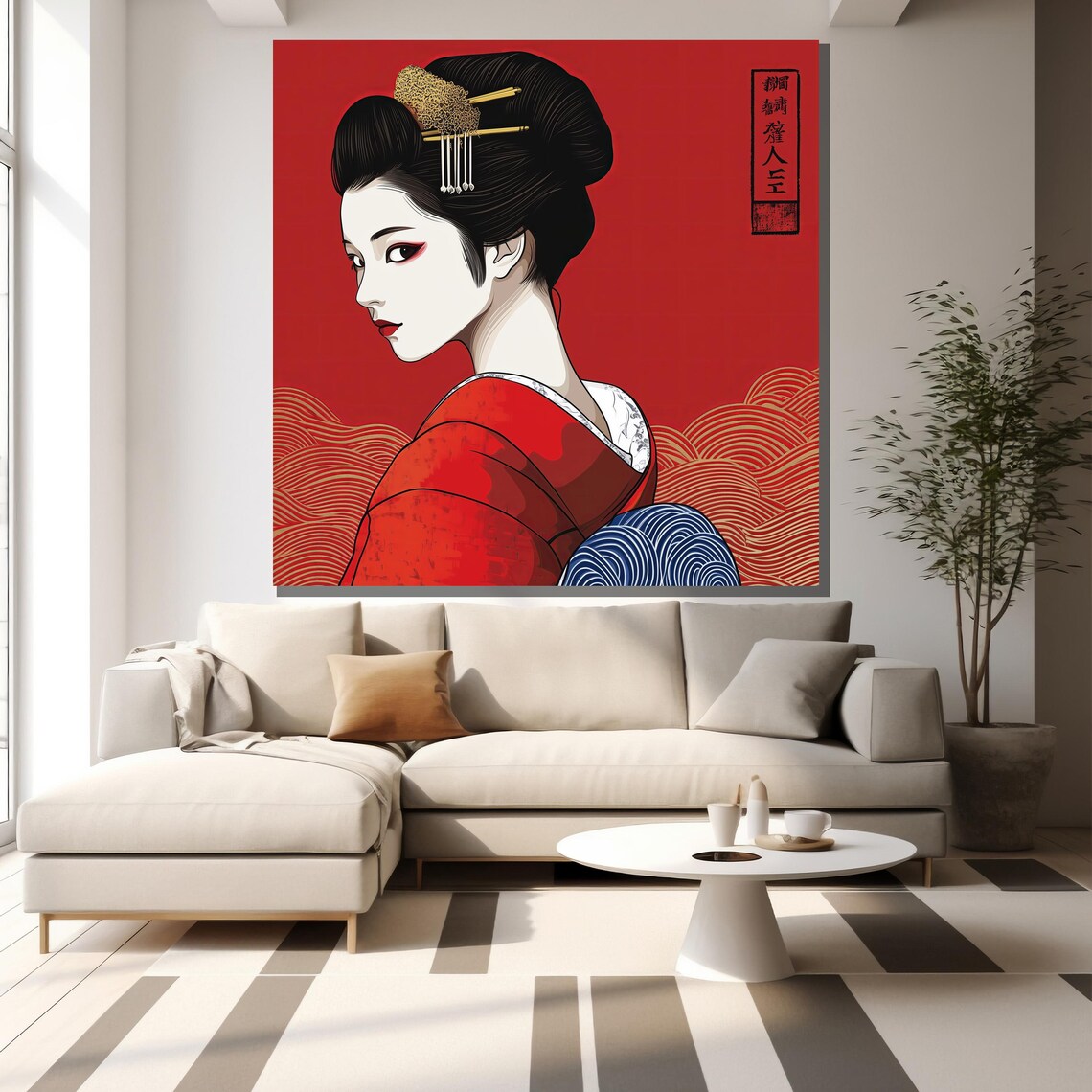 Red Geisha Portrait Traditional Japanese Graphic Style Art Poster - Image 2