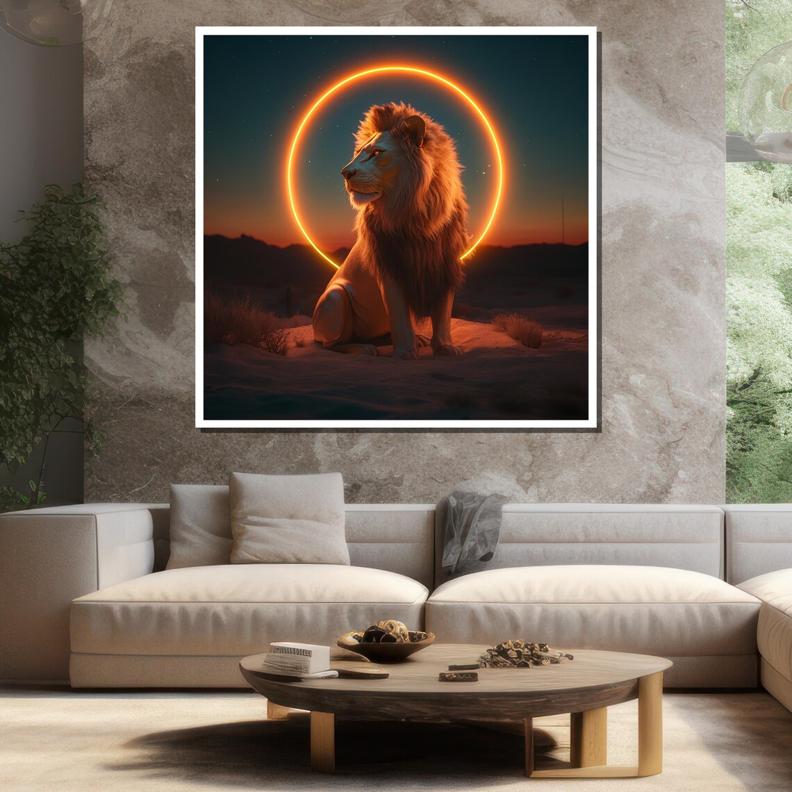Lion Neon Halo Desert Dusk Bold Modern Wildlife Glow Wall Art - Image 3