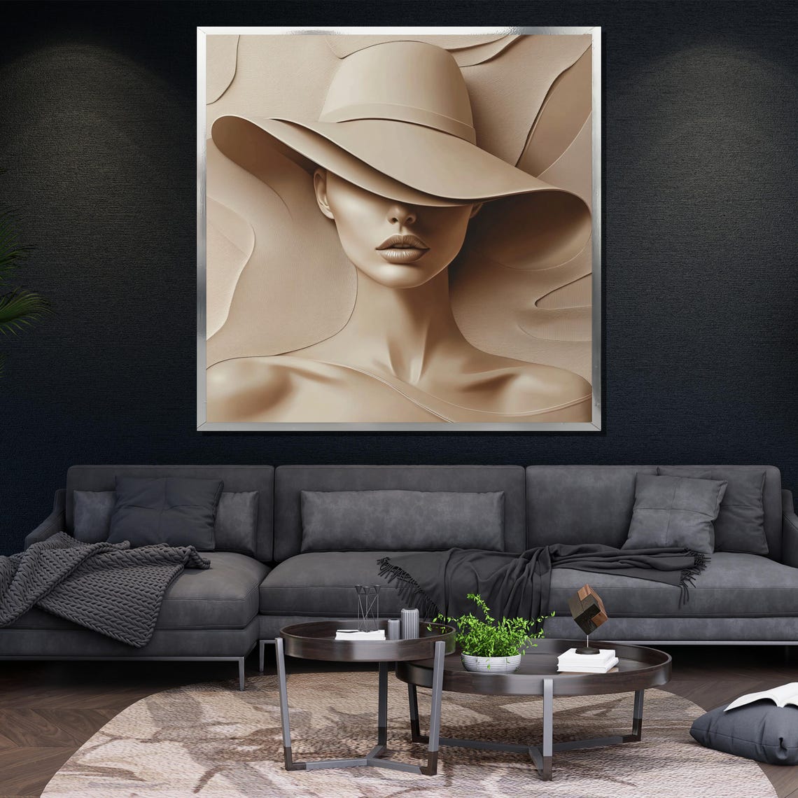 Monochrome Woman Wide Brim Hat Sculptural 3D Relief Neutral Wall Art - Image 4