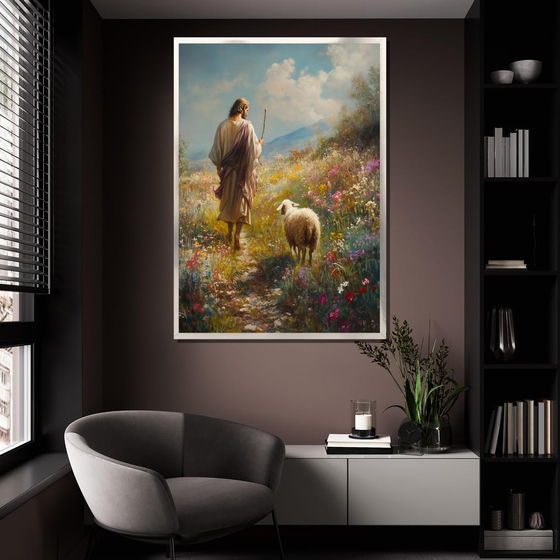 Jesus And Lost Sheep Flower Meadow Good Shepherd Painting Wall Poster - Image 4
