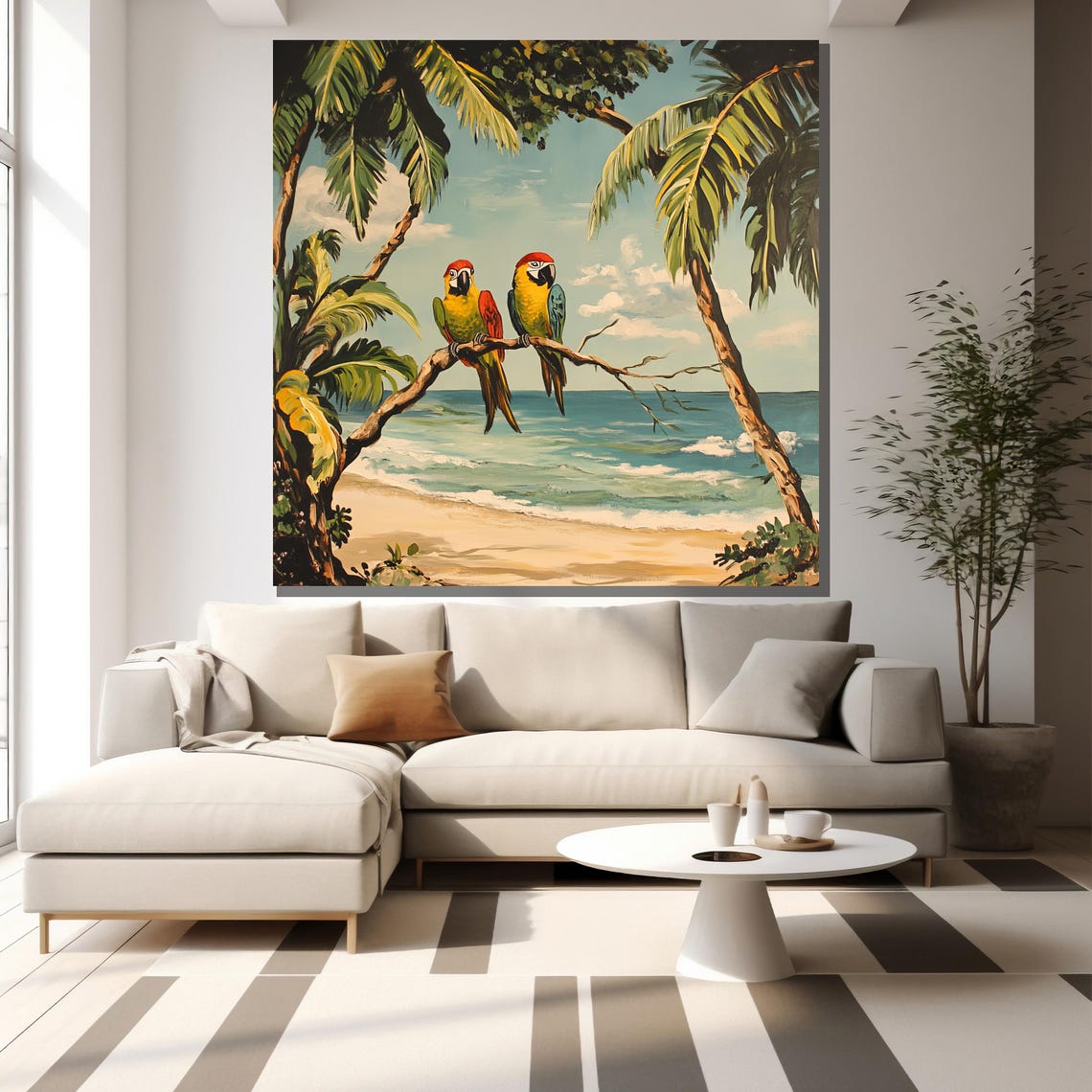 Parrots Beach Palm Trees Tropical Macaw Pair Coastal Wall Art - Image 2