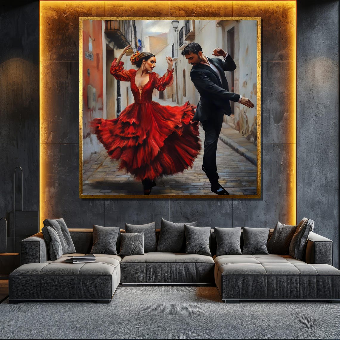 Passionate Flamenco Couple Dancing In Spanish Street Red Dress Poster