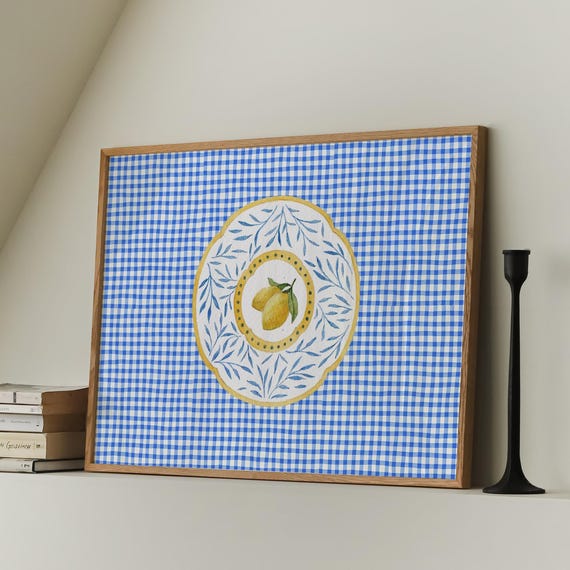 Blue Vintage Gingham Lemon Fruit Print Kitchen Wall Art Farmhouse Decor Minimalistic Bedroom