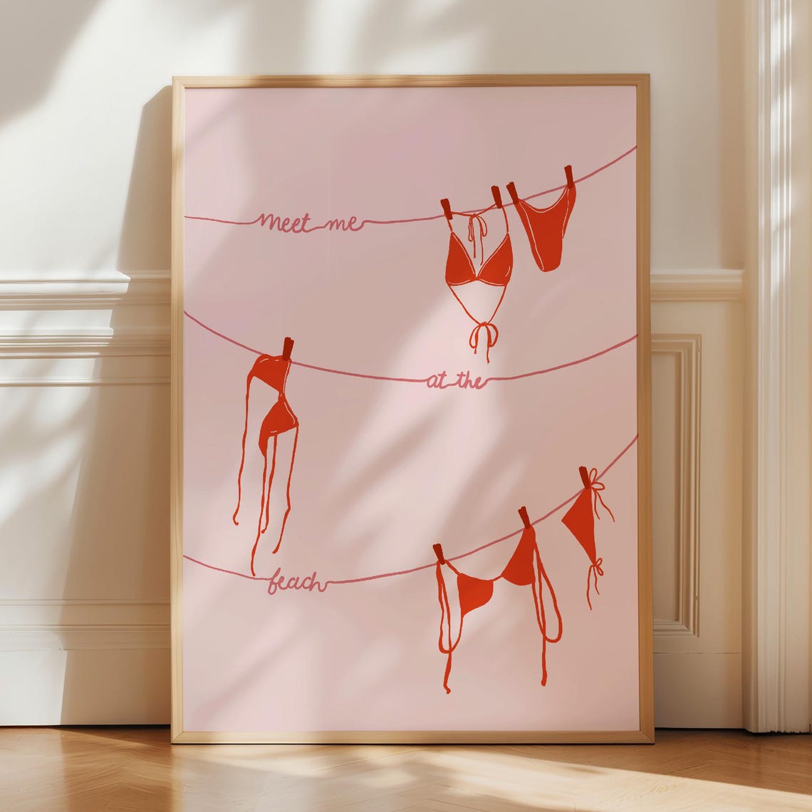 Meet Me at the Beach Red Bikini Clothesline Coastal Summer Poster