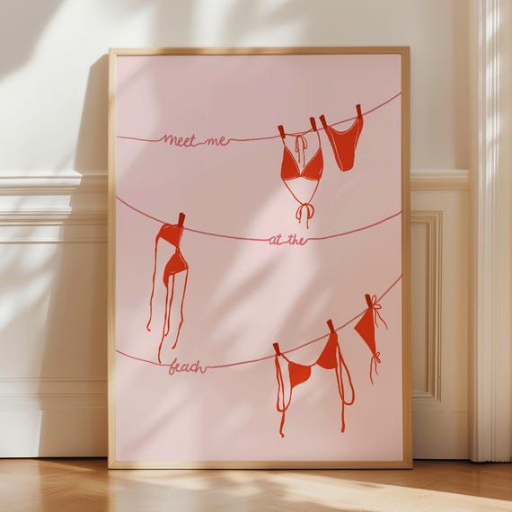 Red Bikini Wall Art Prints Cute Coastal Print Summer Beach Pink Trendy Posters