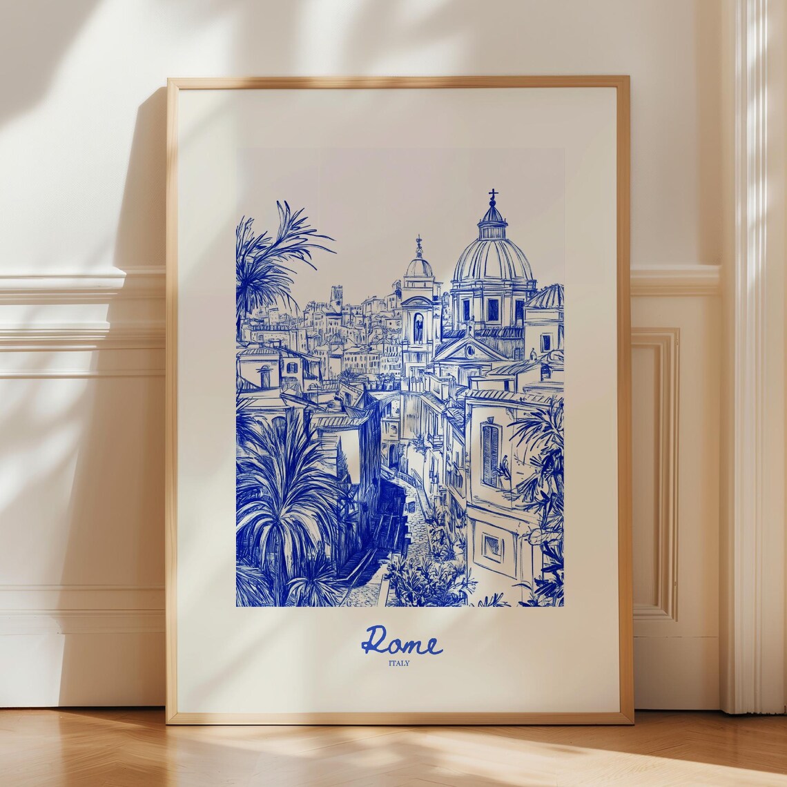 Rome Italy Travel Poster Navy Blue City Sketch Dome Church Decor