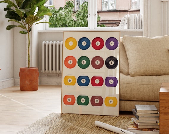 Vintage 8 Pool Ball Print Retro Handdrawn Wall Art Trendy Bar Cart Billiard Poster Funky For Apartment