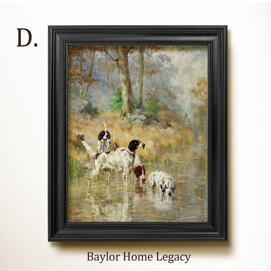 Three Setters Wading Stream Drinking Vintage Bird Dog Painting Print - Image 3