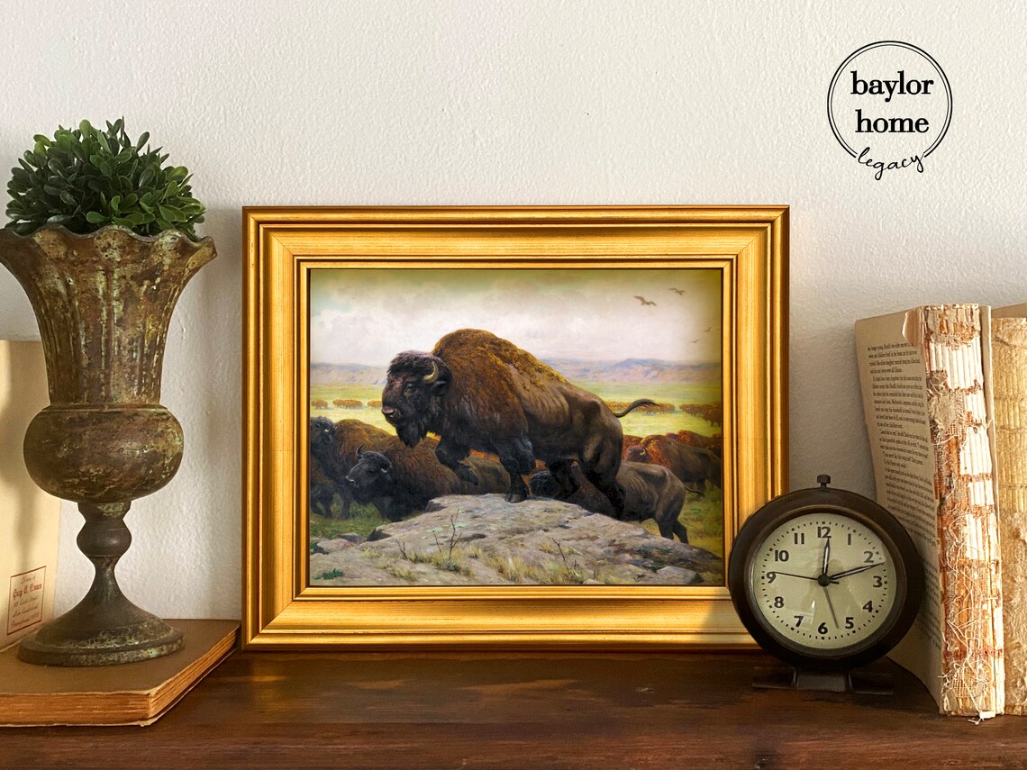 Buffalo Herd Vintage Oil Painting Poster Print - Image 3