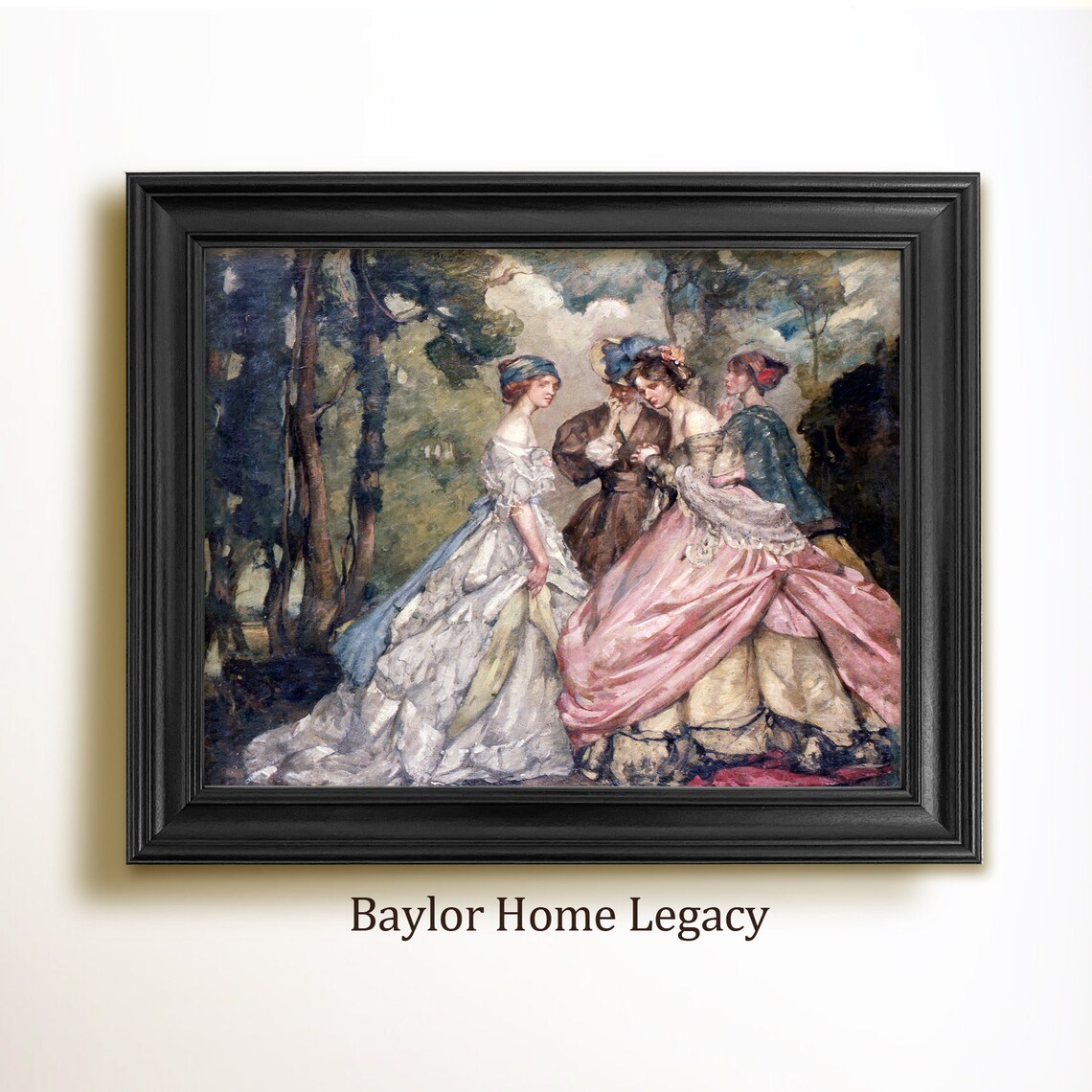 Elegant Ladies in Fancy Gowns Garden Gathering Vintage Painting Art Poster