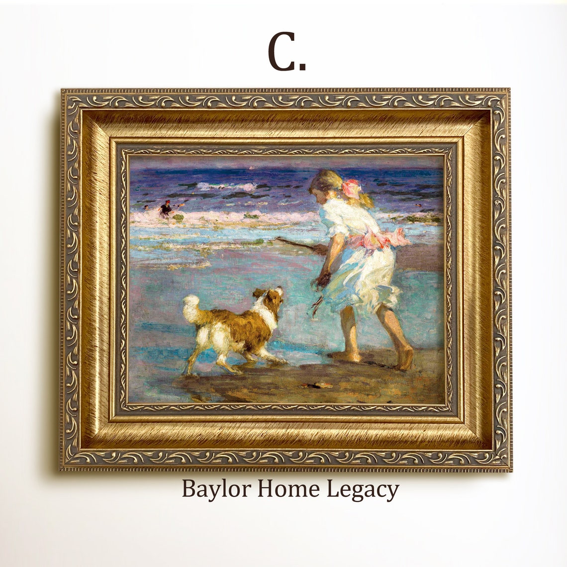 Framed Girl Playing Fetch With Her Dog On The Beach Nautical Print On Of An Antique Oil Painting Vintage Kid And Dog Artwork - Image 3