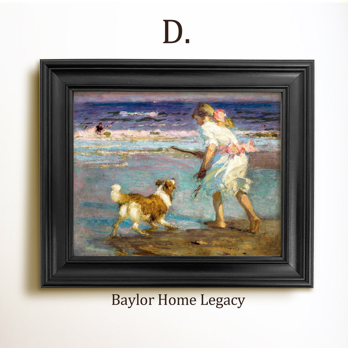 Framed Girl Playing Fetch With Her Dog On The Beach Nautical Print On Of An Antique Oil Painting Vintage Kid And Dog Artwork - Image 2